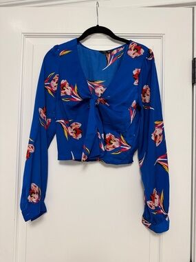 Express Royal Blue Floral Tie-Front Long Sleeve Crop Blouse